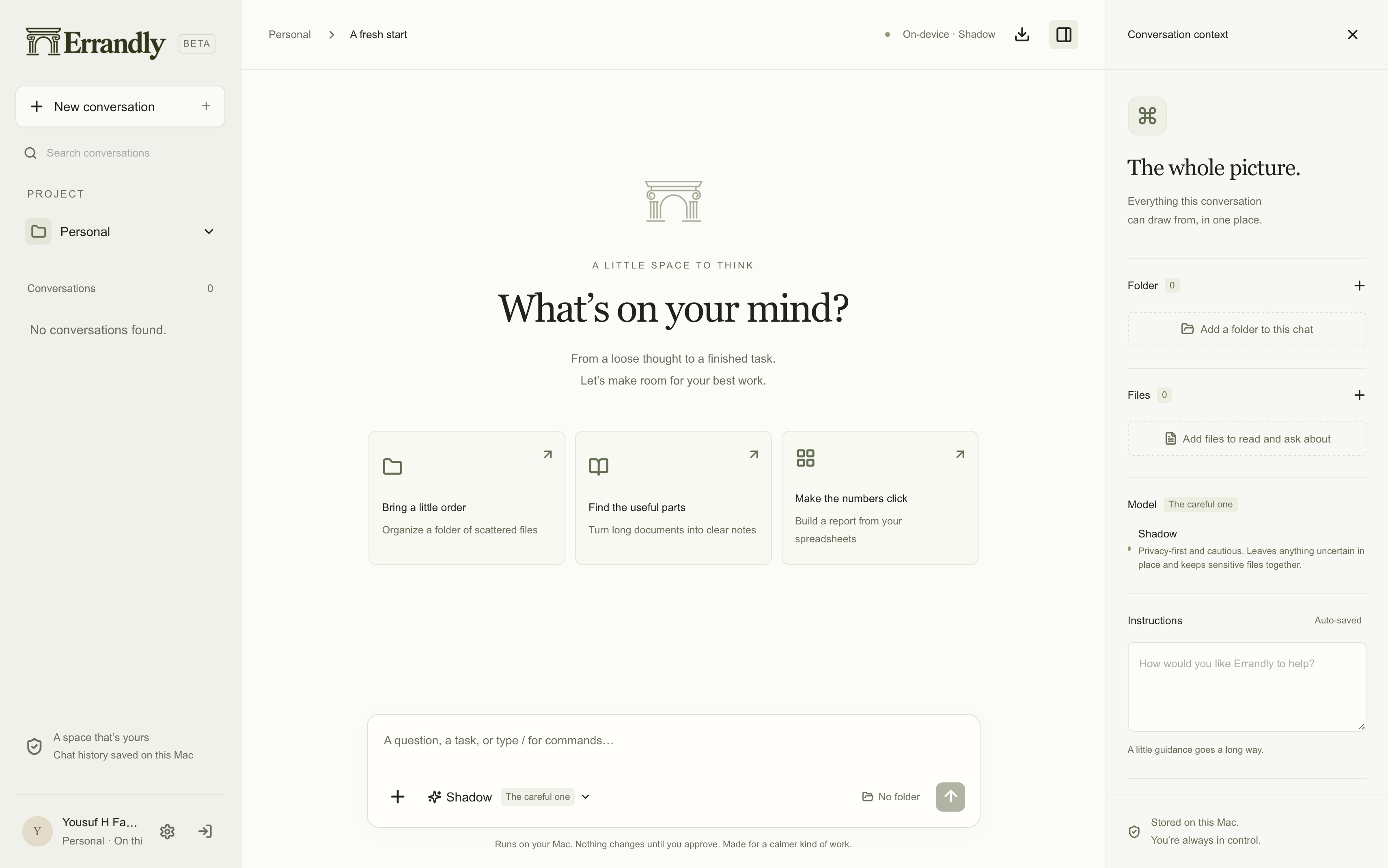Actual Errandly beta interface with a Personal project sidebar, a new conversation, Shadow on-device model, and a conversation context panel.