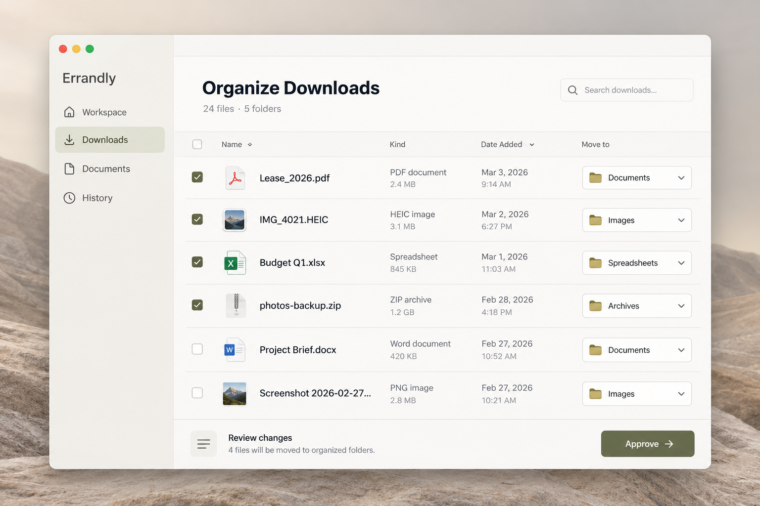 Errandly concept showing files sorted into suggested folders with an approval button.