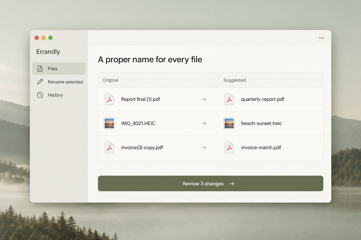 Errandly concept comparing original filenames with clearer suggested names.