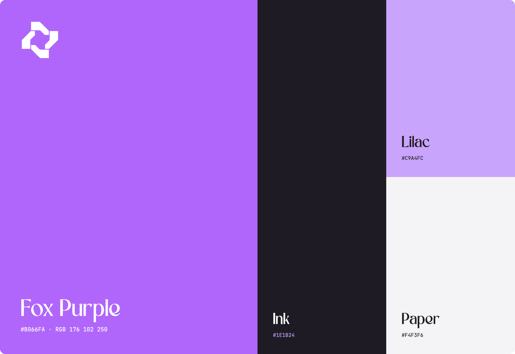 Brand palette: Fox Purple, Ink, Lilac, Paper